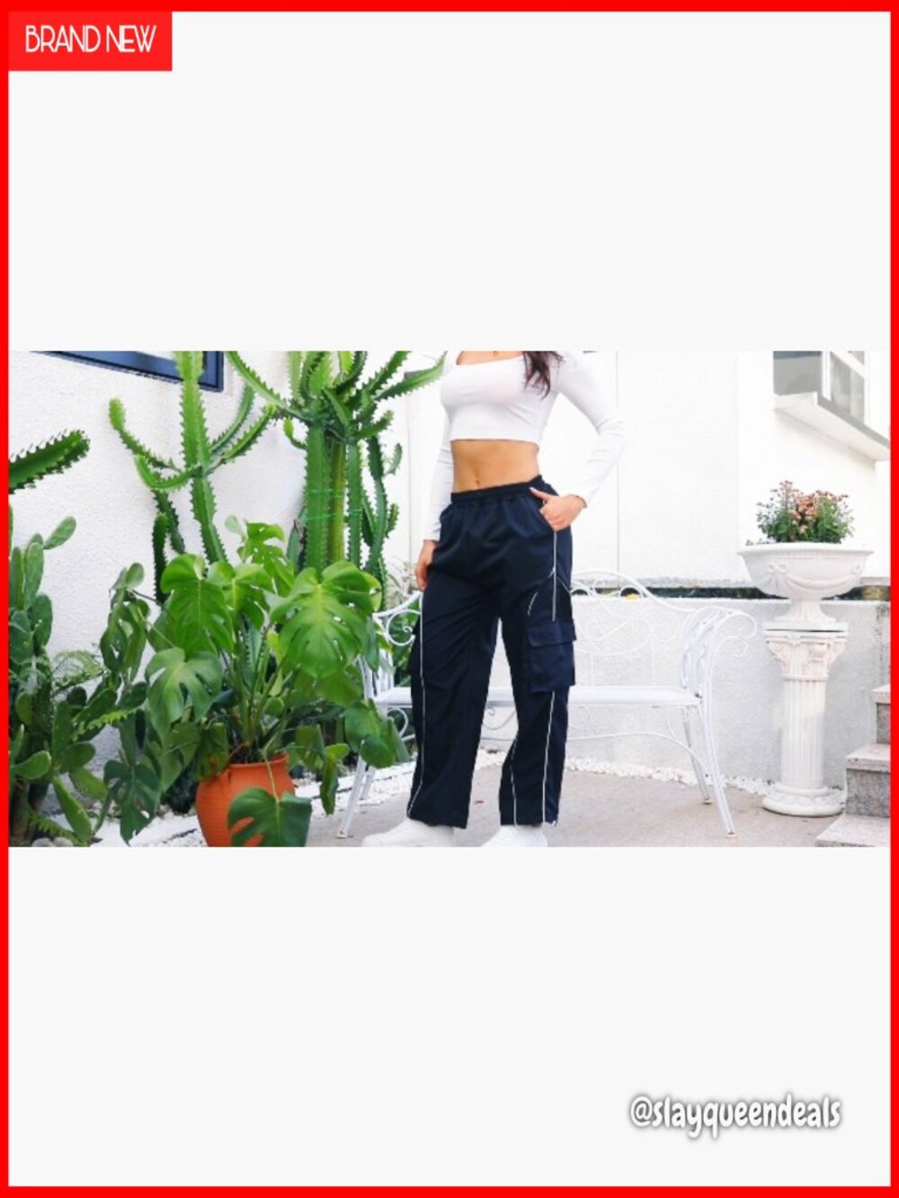 Baggy Cargo Pants Elastic Waist Y2K Parachute Track Pants Wide Leg with Pockets - Picture 6 of 6